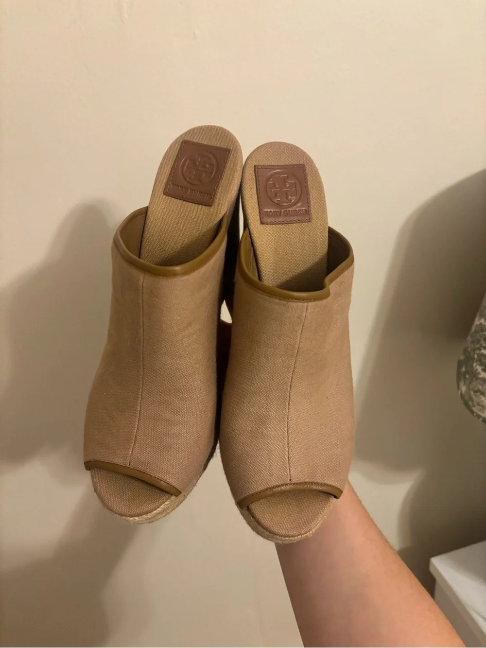 Tory Burch open toe tan brown canvas wedges